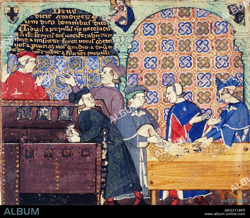 MASTER OF THE COCHARELLI CODEX. Avarice. A miniature with scenes of banking.