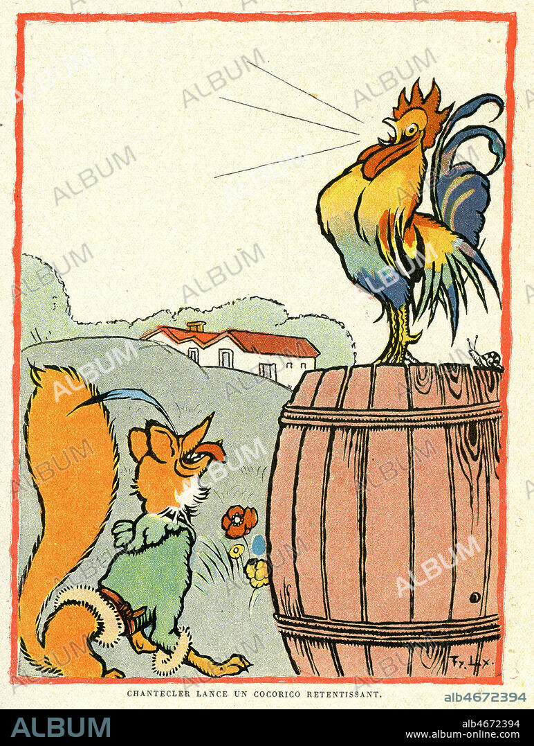 ' Chantecler lance un cocorico retentissant.' Illustration par Felix LORIOUX (1872-1964) ADAGP, tiree du Roman de Renart, dans Renart et Chantecler. Mon Journal, 29/12/1923. Credit : Coll. Jonas/KHARBINE-TAPABOR.