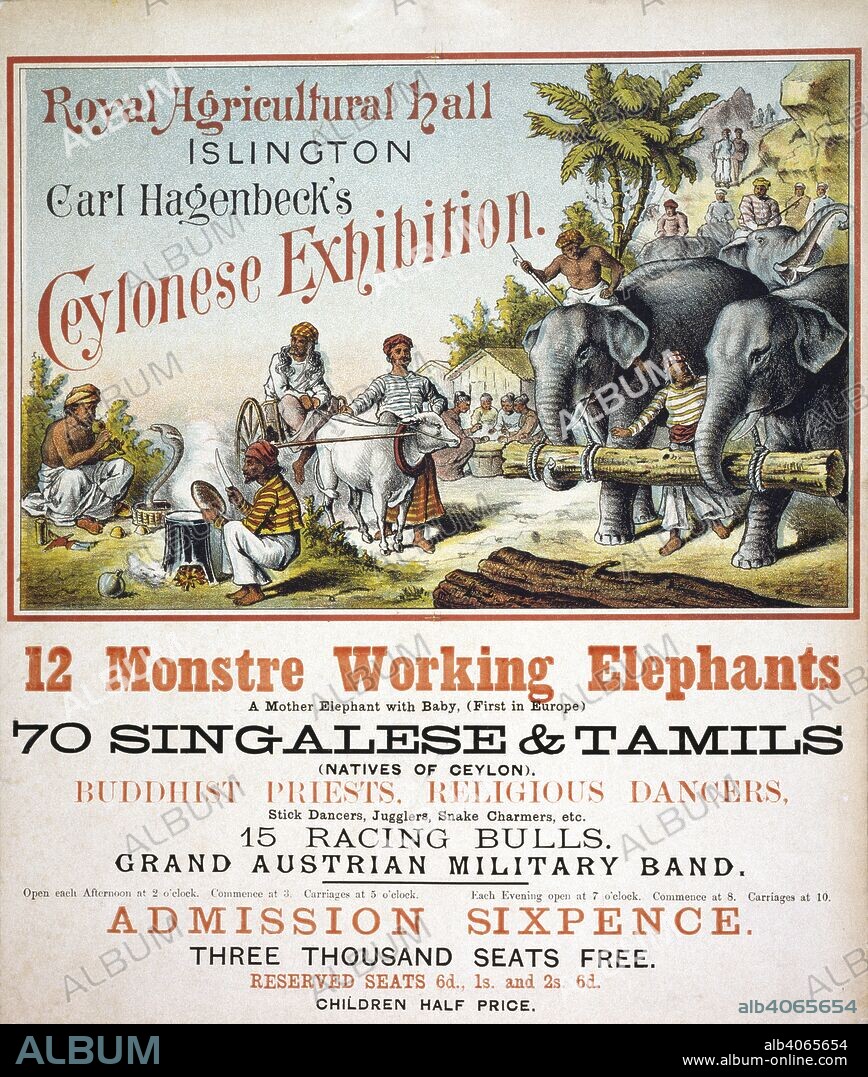 HENRY EVANION. Royal Agricultural Hall, Islington. Carl Hagenbeck's Ceylonese Exhibition, 1886? 12 monstre working elephants. A mother elephant with baby, (first in Europe) 70 Singalese & Tamils (natives of Ceylon). Buddhist priests, religious dancers, stick dancers, jugglers, snake charmers, etc. 15 racing bulls. Grand Austrian Military Band. A collection of pamphlets, handbills, and miscellaneous printed matter relating to Victorian entertainment and everyday life. 1886?. Animals, Training of; Elephants; Circus animals. Carl Hagenbeck was a renowned German wild animal trainer, noted for the 'gentling' method of animal training (Turner, J. M. Victorian arena. The performers. Lingdales Press, Formby, 1995). Source: Evan.435.
