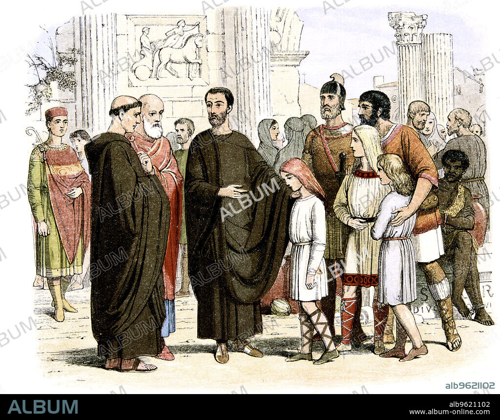 Pope Gregory I, the Great, 590-604 (c1860). Saint Gregory (c540-604), Pope from 590, seeing Anglo-Saxon children in a slave market in Rome and calling them Angels not Angles. He sent Augustine as a missionary to England in 596.