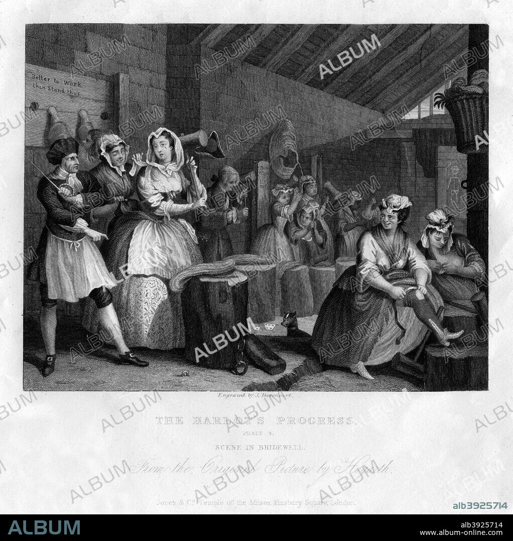 'In Bridewell beating hemp', plate IV of 'The Harlot's Progress', 1833. Early 19th century version of a scene from Hogarth's serieds of 1732; the harlot is now beating hemp in Bridewell Prison, a House of Correction for prostitutes in Tothill Fields, London. The warder stands by her holding a whip, indicating the punishment that will follow if she does not work hard.