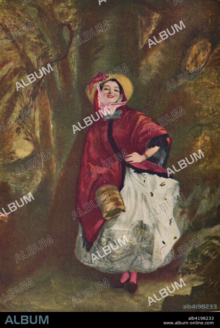 'Dolly Varden', 1842, (c1950). Character in Charles Dickens' novel Barnaby Rudge, set in the 1780s: Dolly, daughter of a worthy locksmith, in her 'cherry coloured mantle', straw hat and muff. From The Outline of Literature, edited by John Drinkwater. [George Newnes Limited, London, c1950].
