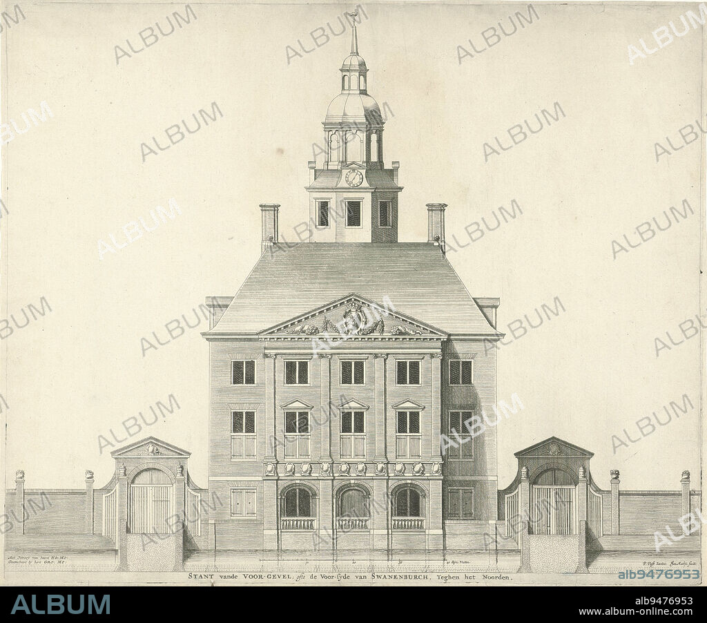 Front of Swanenburg, the common land house of the Hoogheemraadschap of Rijnland, at Halfweg. Left and right an entrance gate, Frontage of Swanenburg, the Rhineland water board, in Halfweg. frontage of the frontage or the front side of Swanenburch to the north (title on object) Swanenburg, the Rhineland water board (series title), print maker: Jan Matthysz., (mentioned on object), Pieter Jansz. Post, (mentioned on object), publisher: Frederik de Wit, (possibly), Amsterdam, 1654, paper, etching, engraving, h 366 mm × w 440 mm.
