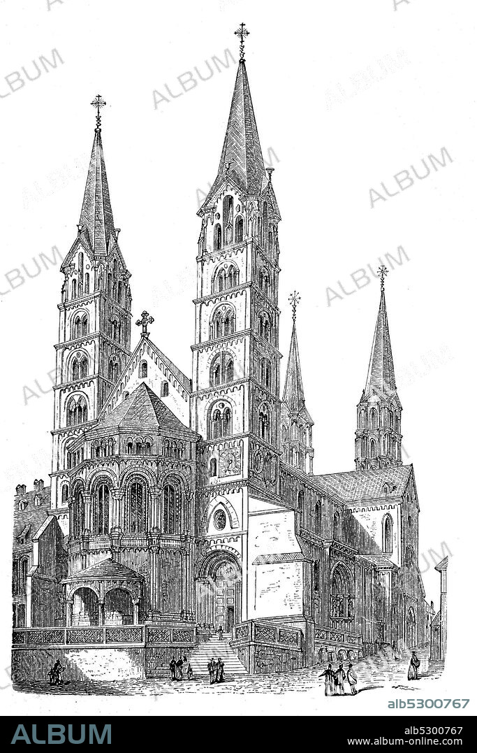 Bamberg Cathedral, Bamberger Dom, official name Bamberger Dom St. Peter und St. Georg,s a church in Bamberg, Germany, completed in the 13th century. The cathedral is under the administration of the Roman Catholic Church and is the seat of the Archbishop of Bamberg,   /  Bamberger Dom, offizieller Name Bamberger Dom Die Kirche St. Peter und St. Georg in Bamberg wurde im 13. Jahrhundert fertiggestellt. Der Dom steht unter der Verwaltung der römisch-katholischen Kirche und ist Sitz des Erzbischofs von Bamberg, Bayern, Deutschland, Historisch, digital improved reproduction of an original from the 19th century / digitale Reproduktion einer Originalvorlage aus dem 19. Jahrhundert.