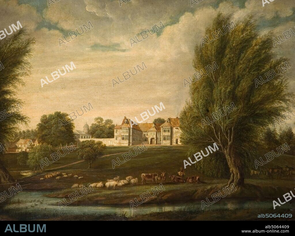 Birdingbury Hall, Warwickshire, 1800 British School, Landscape, Oil Painting, Topographical Views, Animal, Sheep, England, Warwickshire, England, Midlands.