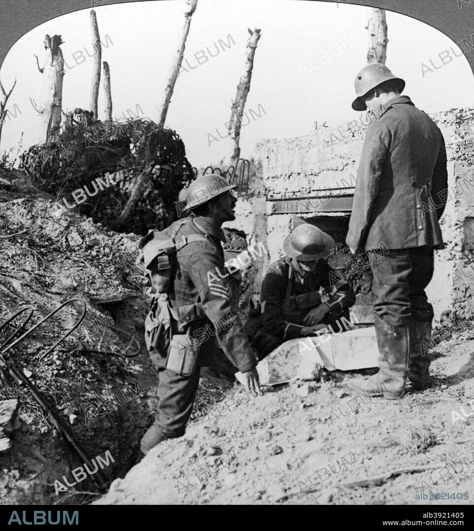 Captured German blockhouse, Poelecappelle, Belgium, World War I, 1914-1918. The Battle of Poelcappelle was part of the larger Battle of Passchendaele (Third Battle of Ypres). Stereoscopic card detail.