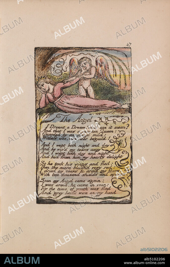 Songs of Innocence and of Experience, Plate 47, 'The Angel' (Bentley 41), Print made by William Blake, 17571827, British, 1789 to 1794, Relief etching printed in dark-brown with pen and black ink and watercolor on moderately thick, slightly textured, cream wove paper, Sheet: 7 1/8 x 5 inches (18.1 x 12.7 cm), Plate: 4 3/8 x 2 3/4 inches (11.1 x 7 cm), and Spine: 7 3/8 inches (18.7 cm), angel, branches, children, coronet (crown), infant, literary theme, nudes, queen (person), religious and mythological subject, serpent, snake, text, trees, vegetation, wings, woman.