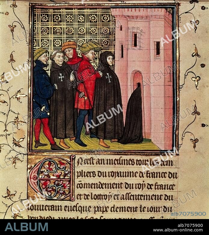 Templar trials 1305-1313. (King Philip IV of France accuses the Order of the Templars of heresy). Knights Templars are led into prison. Book illumination, French, end of C14th. From the "Chroniques de France", Ms 20 C VII, fol. 42 v, London, British Library.