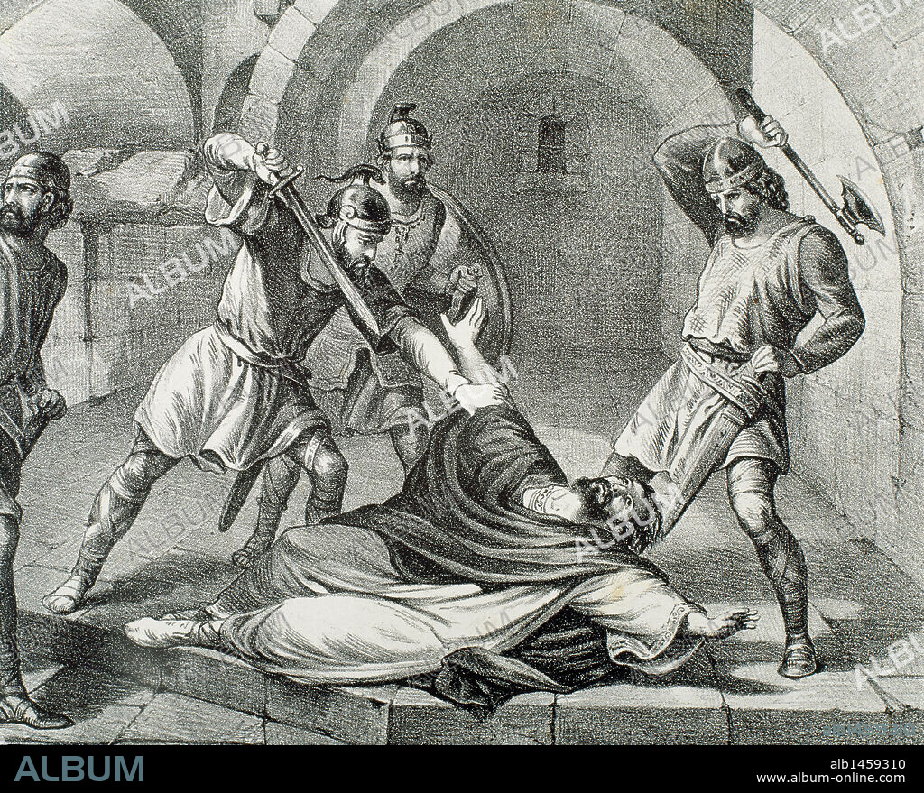 SAN HERMENEGILDO (m. Tarragona, 585). Príncipe visigodo, hijo del rey Leovigildo. Se convirtió al cristianismo. S. VI. "DEGOLLACION DE SAN HERMENEGILDO". Grabado S. XIX.