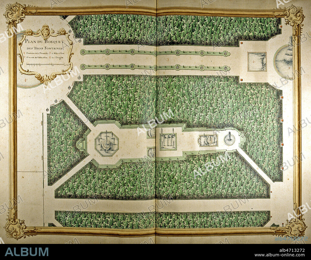 Plan du bosquet des trois fontaines, tire de l'ouvrage de Jacques DUBOIS 'Recueil des plans des distributions du chateau et jardins de Versailles', datant de 1732. Ouvrage conserve a la bibliotheque municipale de Versailles. Ms F 462. Credit : Collection JEAN VIGNE / KHARBINE-TAPABOR.