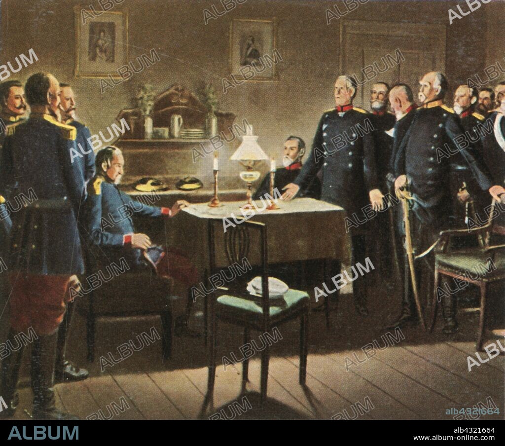 The Surrender at Sedan Castle, 2 September 1870, (1936). 'Die Kapitulation Der Festung Sedan, 2 September 1870'. During the Franco-Prussian War, the Château de Sedan in north-eastern France was surrounded by the Prussian army on 1 September. Napoleon III surrendered the following day in the small neighbouring city of Donchery. Here Prussian Chancellor Otto von Bismarck, Prussian Generalfeldmarschall Helmuth von Moltke, and the French General Emmanuel Félix de Wimpffen discuss terms. From "Bilder Deutscher Geschichte", (Pictures of German History), No.12, cigarette card album. [Cigaretten-Bilderdienst, Altona-Bahrenfeld, Hamburg, Germany, 1936].