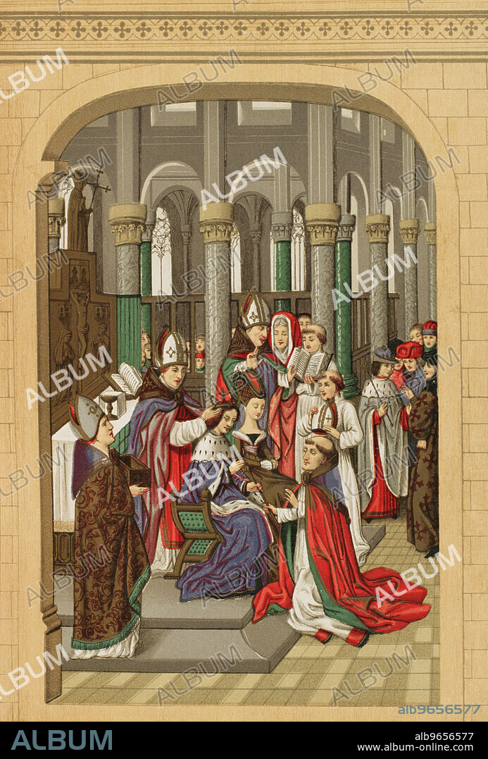 Carlos V de Francia (1338-1380). Coronación de Carlos V como rey de Francia el 19 de mayo de 1364 en la Catedral de Reims. Junto a él, su esposa Juana de Borbón (1338-1378). Cromolitografía a partir de una miniatura de "Crónicas de Froissart". "Les Arts au Moyen Age et a l'Epoque de la Renaissance", por Paul Lacroix. París, 1877.".