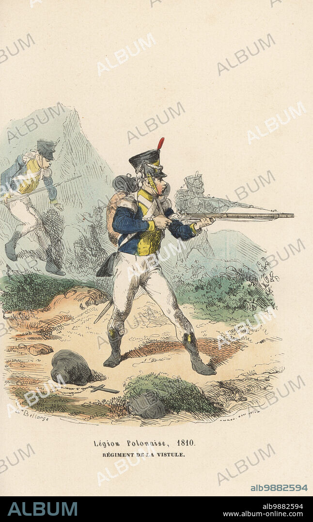 Infantry of the Legion of the Vistula advancing in combat, Polish regiment in Napoleon's army from 1807 to 1814. In shako, blue coat with yellow collar, armed with musket and sword. Regiment de la Vistule, Legion Polonaise, 1810. Handcoloured woodcut by Andrew Best Leloir after an illustration by Hippolyte Bellangé from P.M. Laurent de lArdeches Histoire de Napoleon, Paris, 1840.