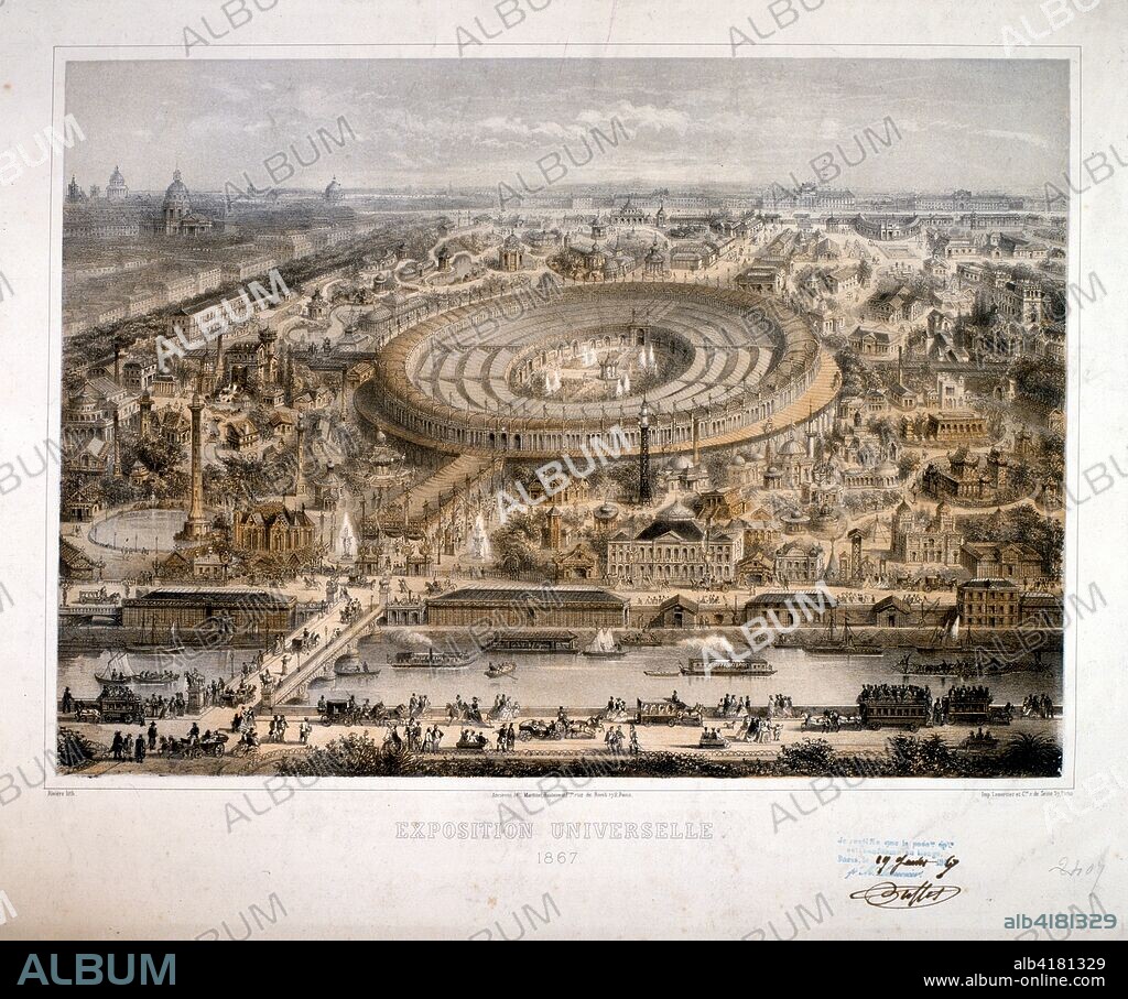 Illustration depicting the International Exposition of 1867 (Exposition Universelle d'art et l'Industrie), was the second world's fair to be held in Paris, from 1 April to 3 November 1867. Forty two nations were represented at the fair. Following a decree of Emperor Napoleon III, the exposition was prepared as early as 1864, in the midst of the renovation of Paris, marking the culmination of the Second French Empire.