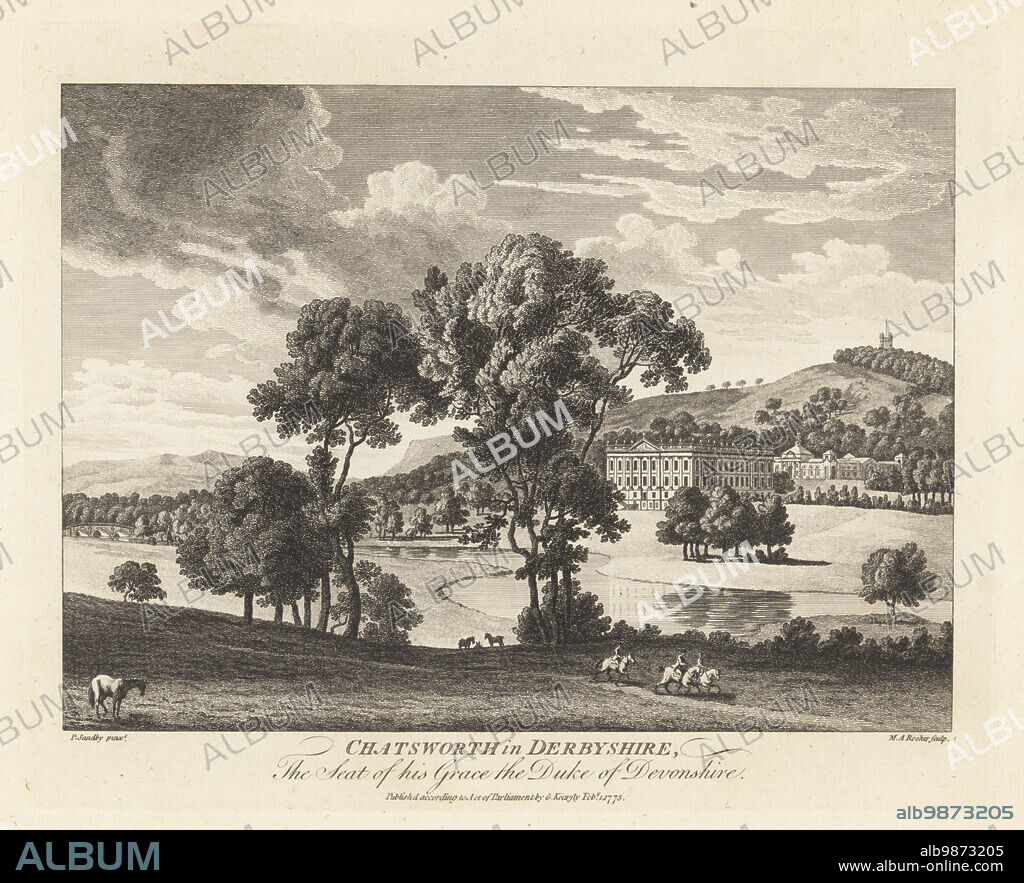 View of Chatsworth House, Derbyshire, the seat of William Cavendish, 5th Duke of Devonshire. House rebuilt from 1687 to 1707, gardens landcaped by Lancelot Capability Brown in the 18th century. Hunting Tower in Stand Wood behind. Copperplate engraving by Michael Angelo Rooker after an illustration by Paul Sandby from The Copper Plate Magazine or Monthly Treasure, G. Kearsley, London, February 1, 1775.
