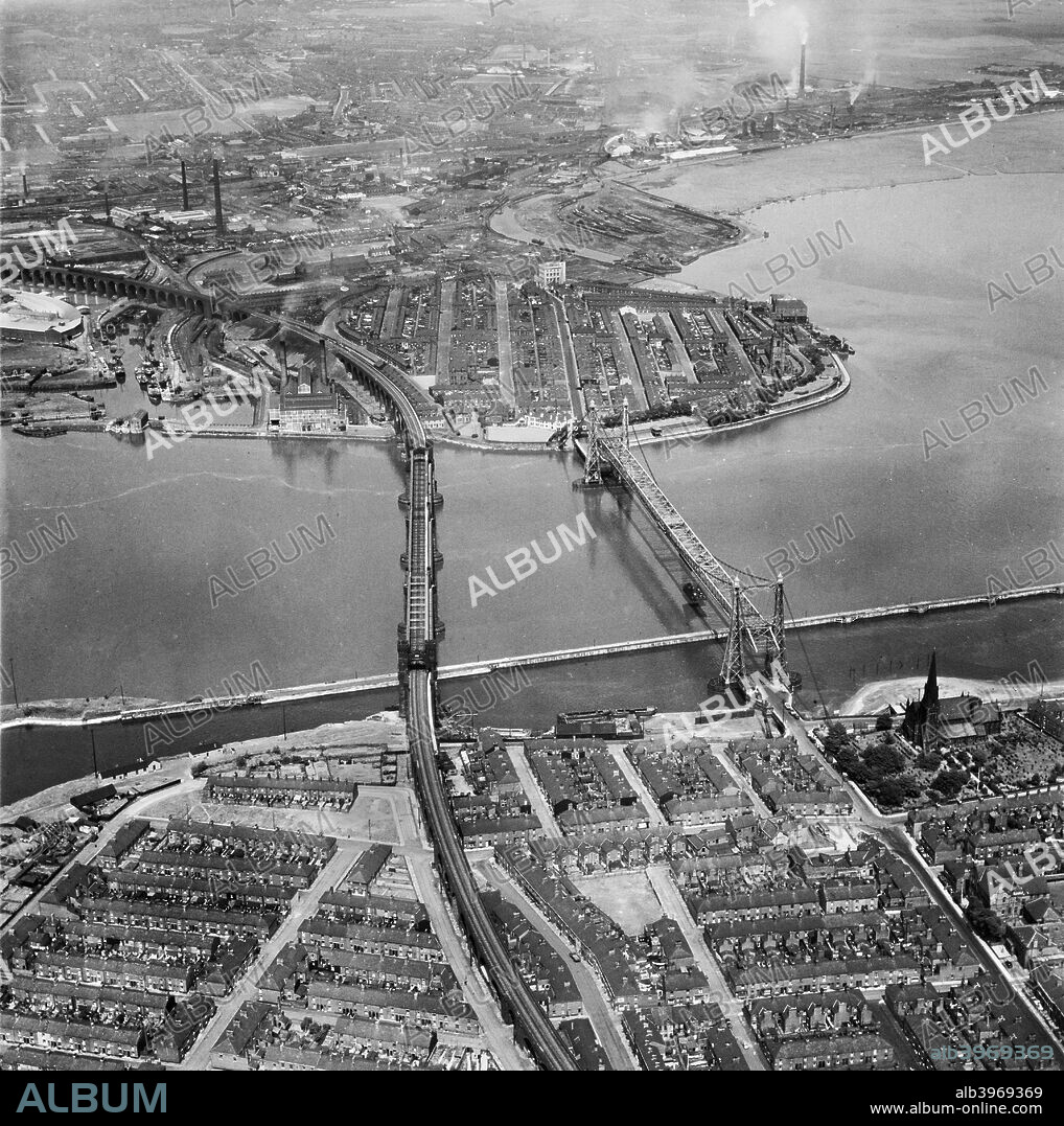 Runcorn Railway Bridge and Widnes-Runcorn Transporter Bridge, Cheshire, 1952.