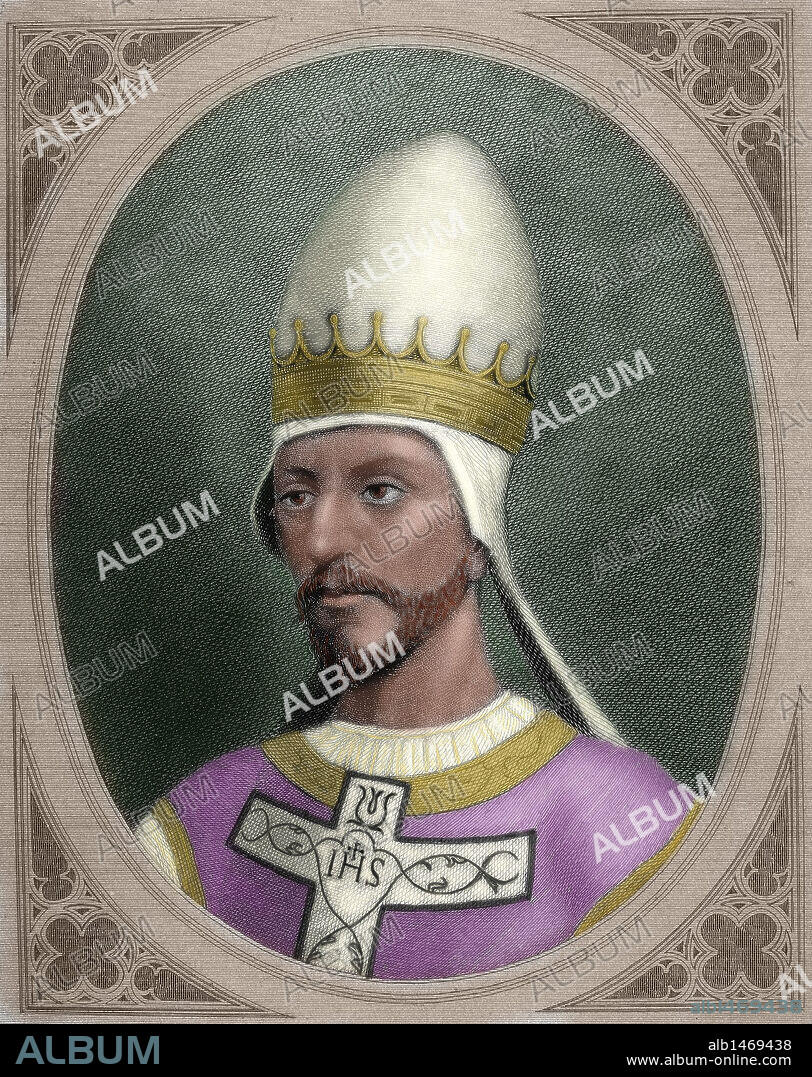 GREGORIO VII, se llamaba Hildebrando (Sovana, municipio de Sorano, 1020-Salerno, 1085). Fue nombrado Abad del monasterio de San Pablo en Roma por el Papa León IX. Fue papa de 1073 a 1085. Inició la reforma del clero luchando contra la simonía y el concubinato. Se opuso a la pretensión de los nobles de otorgar, ellos, las dignidades eclesiásticas. Se enfrentó a Enrique IV a quien excomulgó. Grabado coloreado.