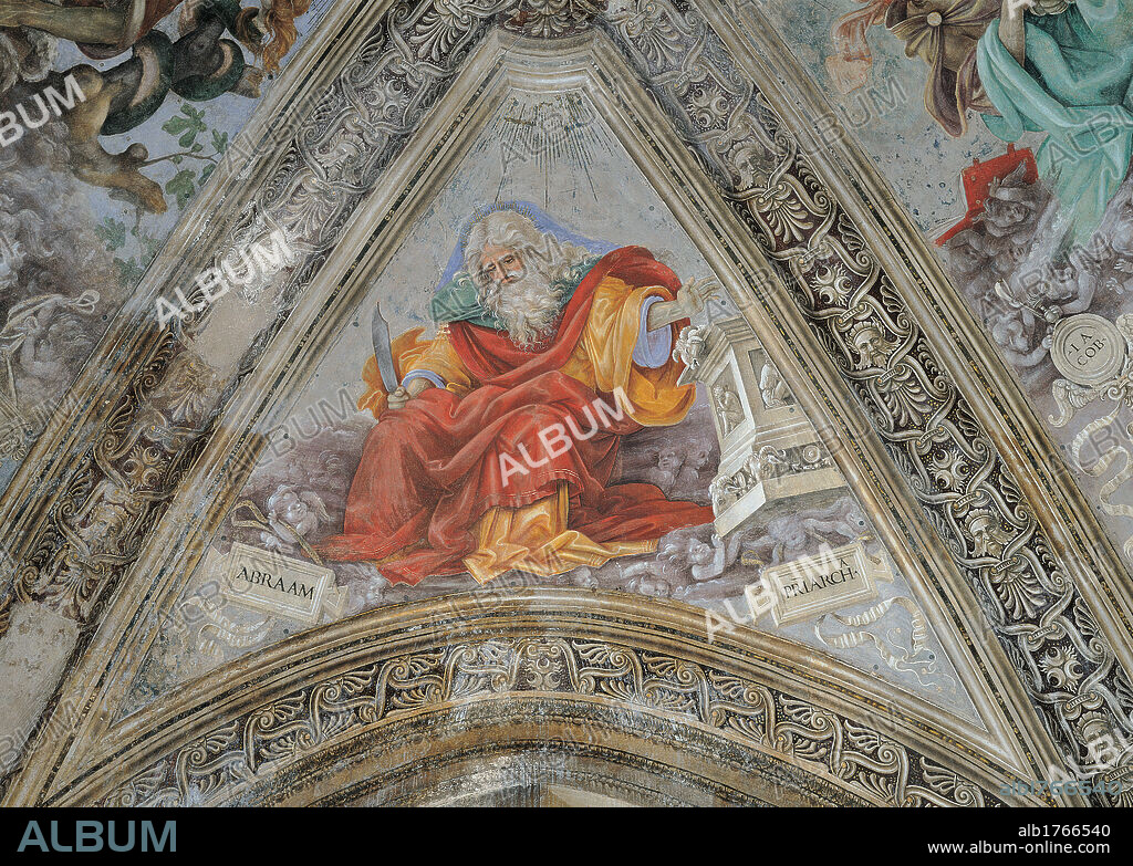 Decoration of the Vault, Strozzi Chapel, Santa Maria Novella, Florence, by Filippino Lippi, 1489, 15th Century, fresco,. Italy, Tuscany, Florence, Santa Maria Novella Basilica, Strozzi Chapel. Detail. Zenithal view lune bay old biblical patriarch Noah old frame groin ribs.