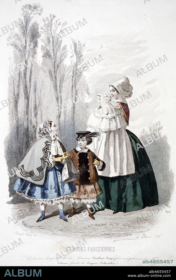 Deux enfants et leur nourrice en promenade. Gravure de mode in Les Modes Parisiennes, vers 1850-1855. Credit Collection KharbineTapabor.