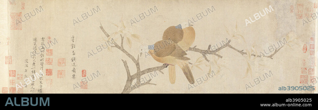 QIAN XUAN. Doves and Pear Blossoms after Rain. Date/Period: 1266/1300. Painting. Handscroll; ink and colors on powdered paper. Width: 97.8 cm. Height: 30.5 cm.