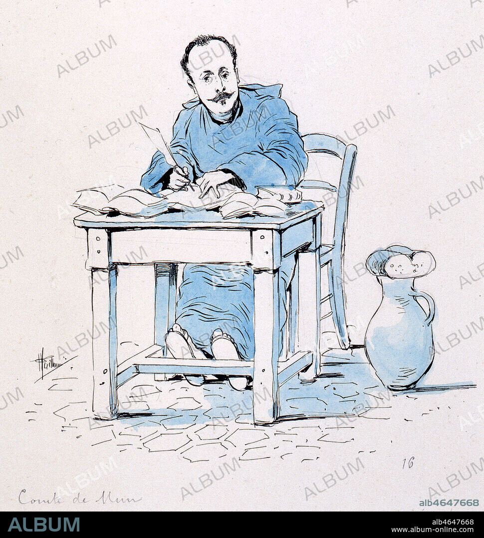 Albert de MUN (1841-1914) en moine copiste. Caricature par Albert GUILLAUME (1873-1942) pour Les Hommes du Jour vers 1890. Credit : Collection IM/KHARBINE-TAPABOR.