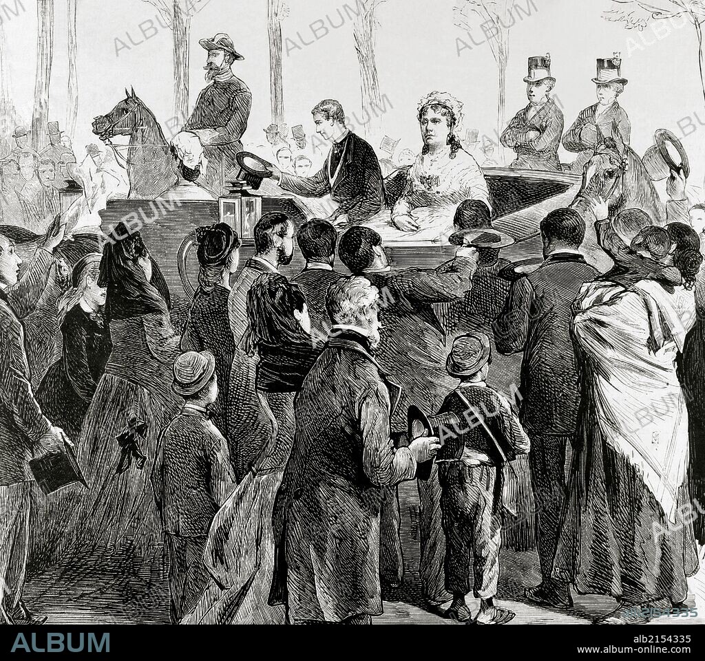 TOMÁS CARLOS CAPUZ ALONSO. ISABEL II DE BORBON (1830-1904). Reina de España (1833-1868). Madrid. Llegada de S. M. la reina madre, Doña Isabel de Borbón, el 13 de octubre de 1876, después de una ausencia de 8 años". Grabado por Capuz. "La Ilustración Española y Americana", 1876.