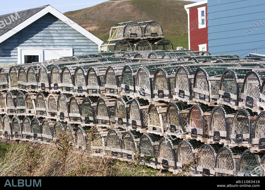 Lobster traps on Ile du Havre-aux-Maisons, Iles de la Madeleine (Magdalen Islands), Quebec, Canada, North America.
