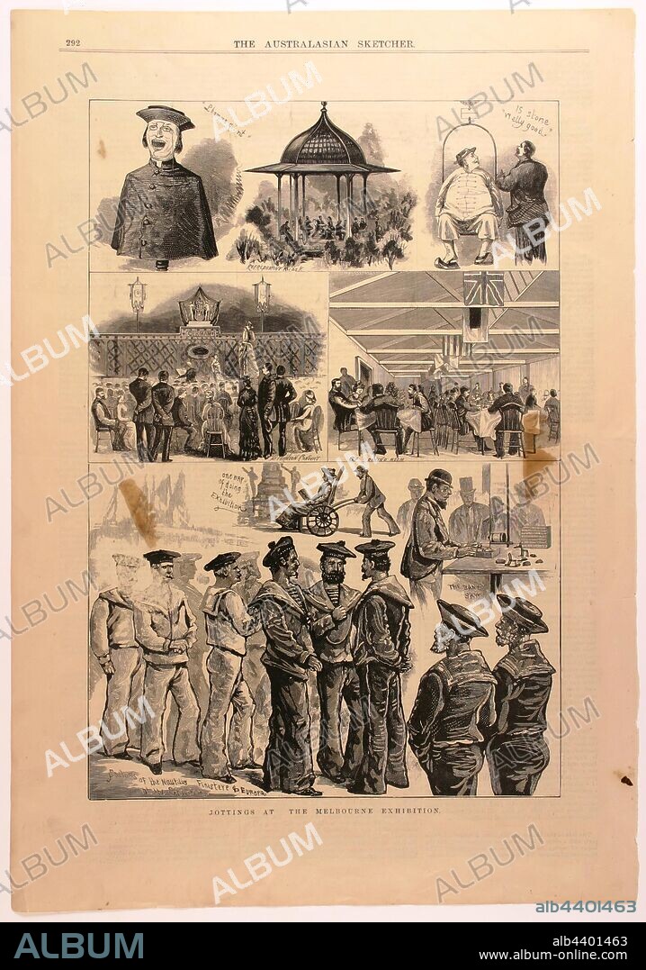 Newspaper Cutting - 'Jottings at the Melbourne Exhibition', The Australasian Sketcher, 6 Nov 1880, 'Jottings at the Melbourne Exhibition', a page of black & white engravings published in the newspaper The Australian Sketcher, 6 November 1880.