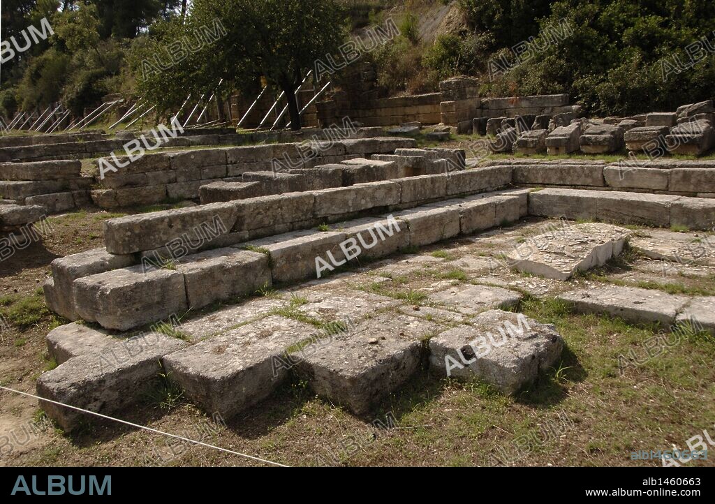 Classical antiquity. Treasuries at Olympia. Altis or sanctuary. Small temple-shaped erected by Greek colonies to store votive offerings. Remains. Peloponnese, Greece.