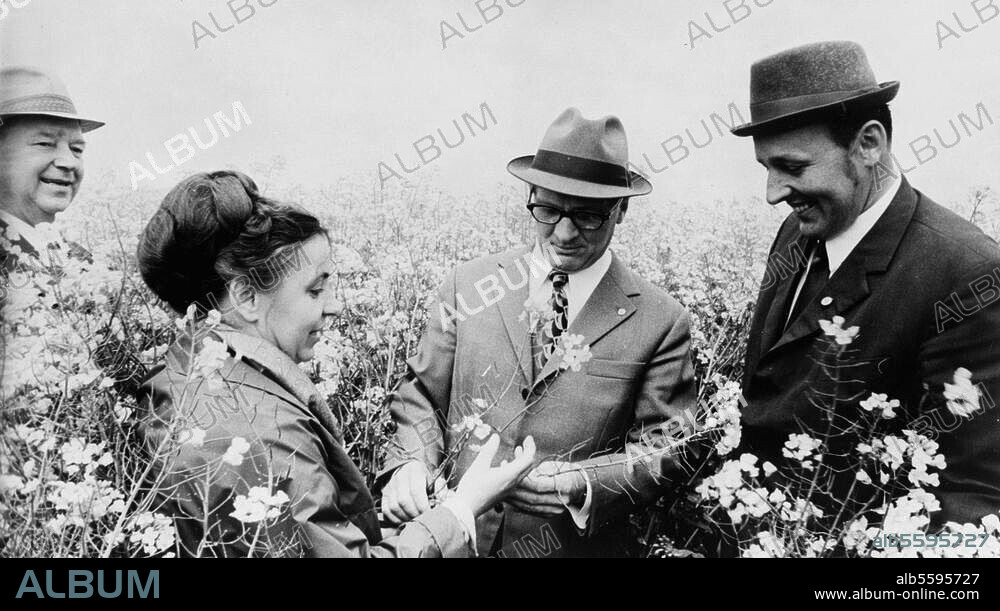 Honecker, Erich Generalsekretär des ZK der SED, Staatsratsvorsitzender der DDR, geb. 25.8.1912. - E.Honecker besucht am 1. Juni 1972 die Kooperation Dedelow, Kreis Prenzlau:. Feldbegehung (Raps) in Begleitung von Gerhard Grüneberg (links), Margarete MÜller und Friedrich Clermont (rechts).- Foto.