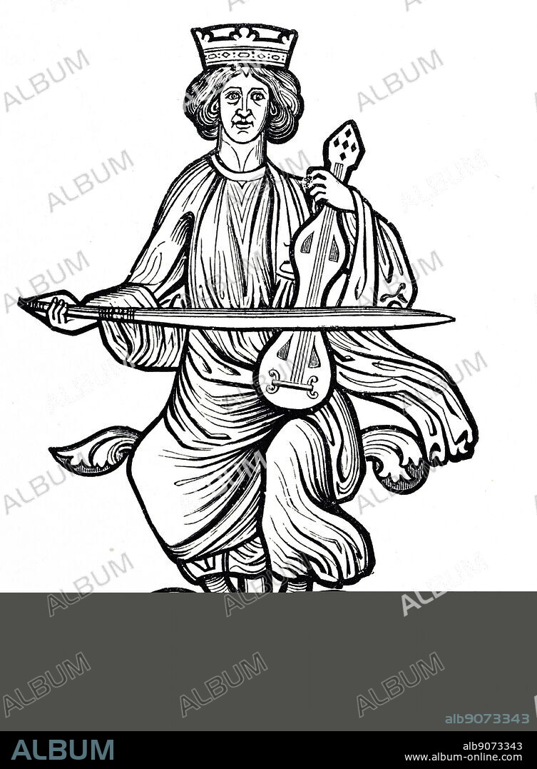 Woodblock engraving depicting King David shown playing a rote, a medieval stringed instrument. Engraving after detail in a 13th century window. Dated 19th century.