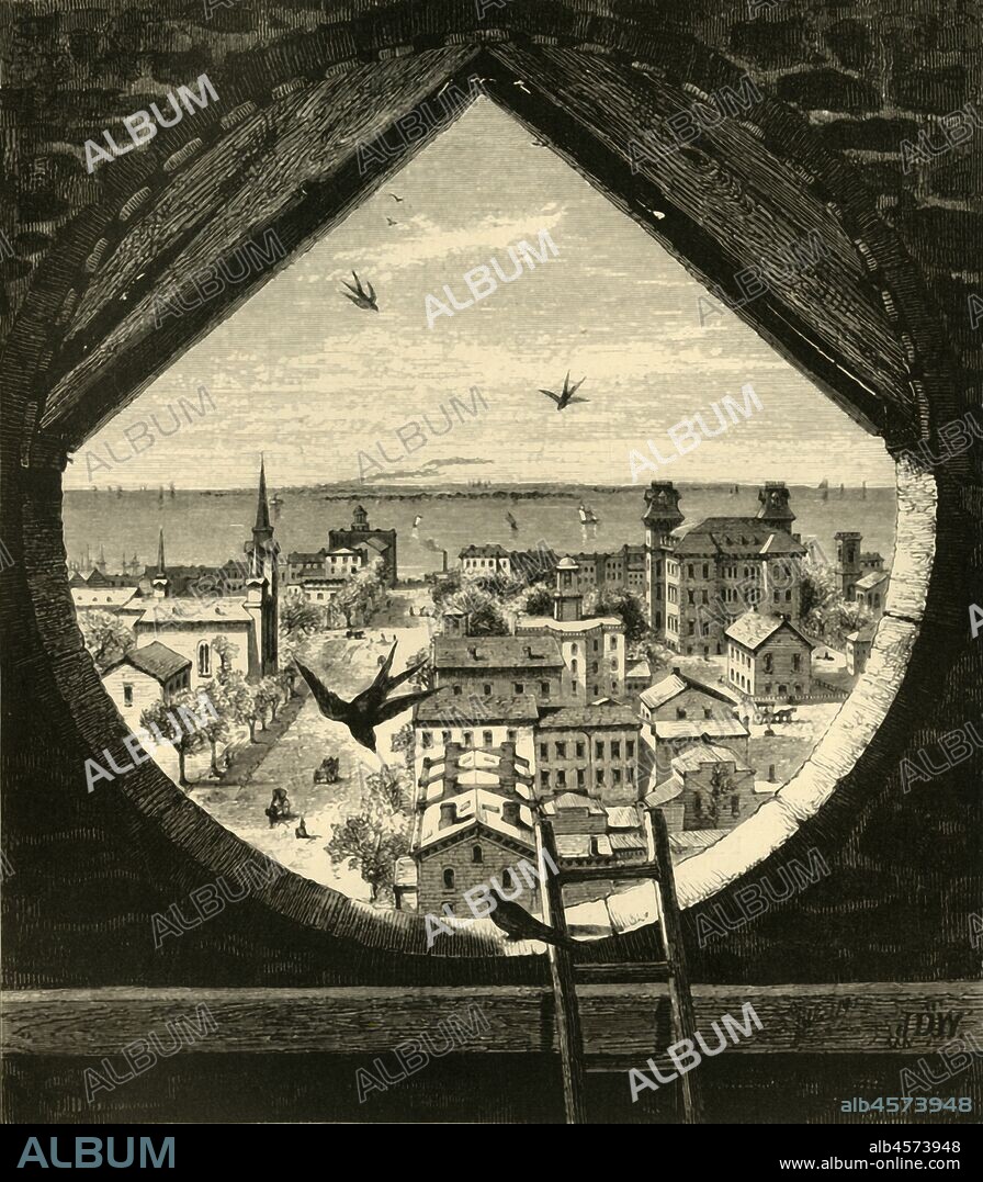 JOHN DOUGLAS WOODWARD. 'Glimpse of Sandusky, from St. Paul's Church', 1872. View of the town of Sandusky, Ohio, on the shore of Lake Erie, USA. 'Sandusky, the "Bay City", has spread out before it a lovely view...the bay with its gently-sloping shores and island - its river coming from the south and sweeping past the town, the peninsula opposite with its vineyard, and beyond, in the broad lake outside, the wine-islands, near and far, stretching one after the other, green, purple, a cloud, a speck, a mist, toward the Canada shore'. From "Picturesque America; or, The Land We Live In, A Delineation by Pen and Pencil of the Mountains, Rivers, Lakes...with Illustrations on Steel and Wood by Eminent American Artists" Vol. I, edited by William Cullen Bryant. [D. Appleton and Company, New York, 1872].