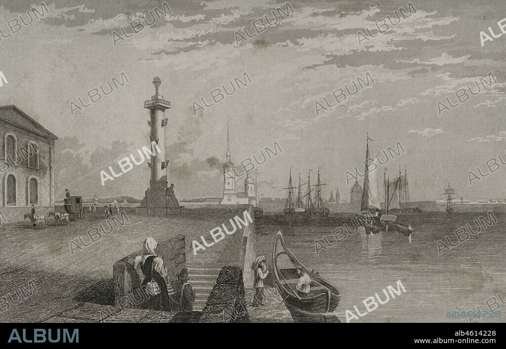 Rusia. San Petersburgo. Columna rostral junto al río Néva. Al fondo la Catedral y fuerte de San Pedro y San Pablo. Grabado por Lemaitre y S. Cholet. Historia de Rusia por Chopin. Panorama Universal, edición española de 1839.