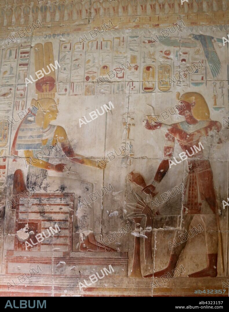 Abydos, one of the oldest cities of ancient Egypt, King Seti I, Presenting offering to Isis.