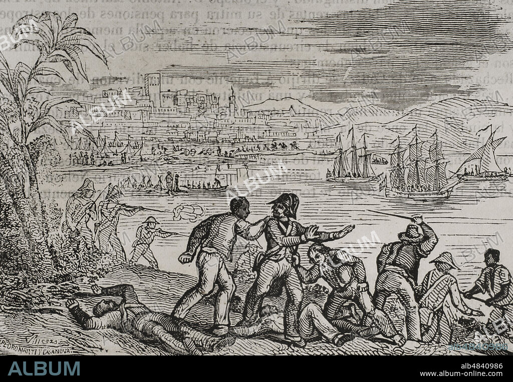 Guerra anglo-española (1796-1802). Ataque de Puerto Rico (1797). Como consecuencia del Tratado de San Ildefonso en 1796, firmado entre España y Francia, España se convirtió en enemiga de Gran Bretaña. Los ingleses enviaron una flota al Caribe con la intención de invadir las islas de Trinidad y Puerto Rico, mandada por el almirante Henry Harvey. Consiguieron la rendición de Trinidad, pero fueron rechazados en Puerto Rico. Derrota de los ingleses en Puerto Rico. Grabado por Villegas. "Historia del Levantamiento, Guerra y Revolución de España, por el Conde de Toreno. Madrid,1851.