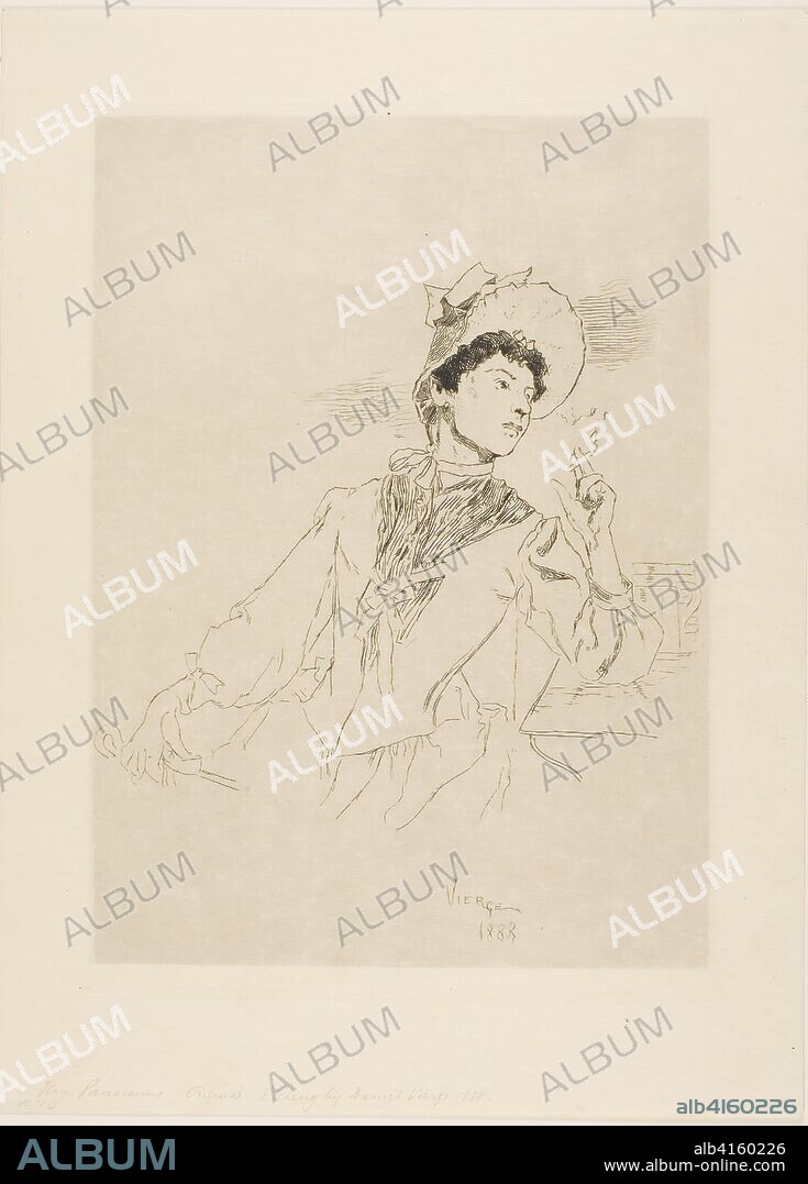 Woman Smoking a Cigarette. Daniel Urrabieta Vierge; French, born Spain, 1851-1904. Date: 1888. Dimensions: 263 × 190 mm (image); 277 × 198 mm (plate); 342 × 249 mm (sheet). Etching on cream wove paper. Origin: France.