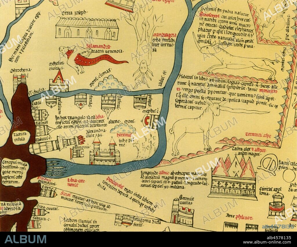 'Hereford World Map, c.1280', (1944). Detail showing the Mediterranean coast and the Nile Delta in northern Egypt. The lighthouse at Alexandria, complete with flames, can be seen next to the mouth of the River Nile. Also shown are mythical creatures such as the winged salamander, unicorn or monoceros, and mandragora, as well as a real rhinoceros. Part of the Hereford Mappa Mundi at Hereford Cathedral. Attributed to Richard de Bello, the Hereford Mappa Mundi, drawn on a single sheet of vellum, is the largest known existing medieval map. From "British Maps and Map-Makers", by Edward Lynam. [Collins, London, 1944].