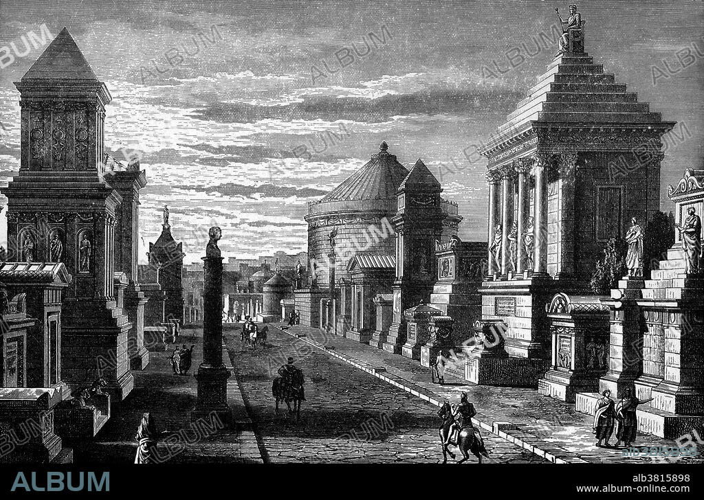 The Appian Way was one of the most important Roman roads of the ancient republic. It connected Rome to Brindisi, Apulia, in southeast Italy. The road is named after Appius Claudius Caecus, who completed the first section as a military road to the south in 312 BC during the Samnite Wars. "On both sides are tombs and monuments, that of Caecilia Metella in the middle distance. In the foreground the third milestone." Scanned steel engraving from "A Pictorial History of the World's Greatest Nations" (Author, Charlotte M. Yonge - Engraver, A.H. Payne - Publisher, Selmer Hess [NY] - 1882).