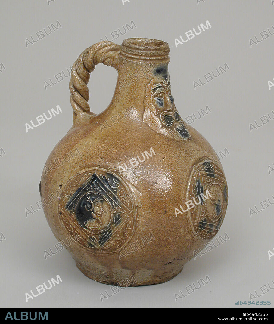 Beardman or Bellarmine jug, German, Cologne-Frechen, 17th century, German, Cologne-Frechen, Salt-glazed stoneware, Height: 7 3/8 in. (18.7 cm), Ceramics-Pottery.