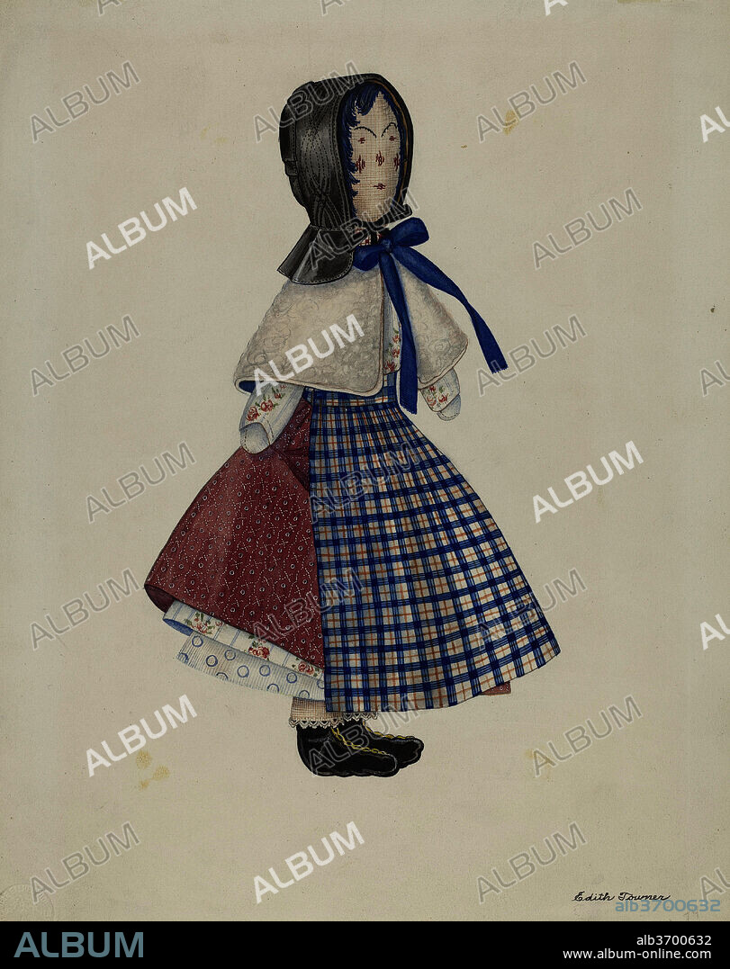 JOSEPHINE C. ROMANO AND EDITH TOWNER. Doll: "Mollie Bentley". Dated: 1936. Dimensions: overall: 35.9 x 26.7 cm (14 1/8 x 10 1/2 in.)  Original IAD Object: 15 1/2" high. Medium: watercolor, graphite, and pen and ink on paper.