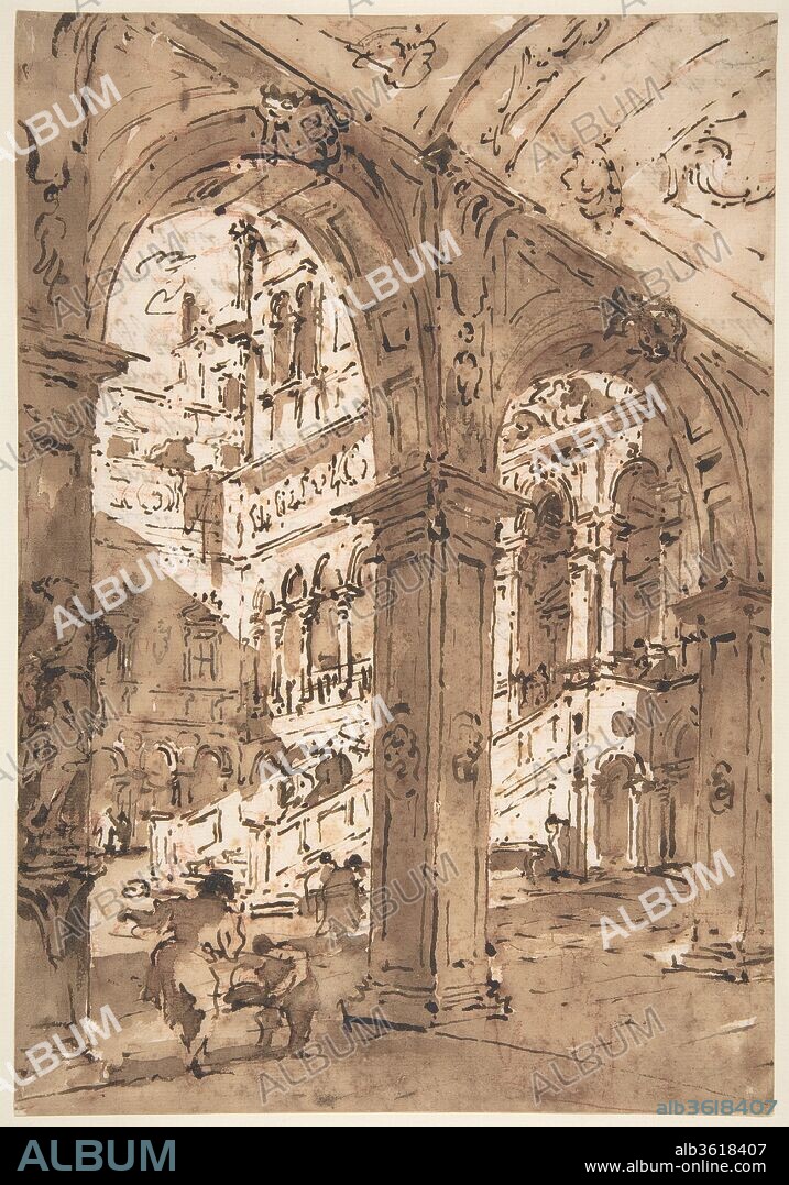 Architectural Capriccio: Courtyard of a Palace. Artist: Francesco Guardi (Italian, Venice 1712-1793 Venice). Dimensions: 10 11/16 x 7 3/8in. (27.1 x 18.8cm). Date: 1712-93.