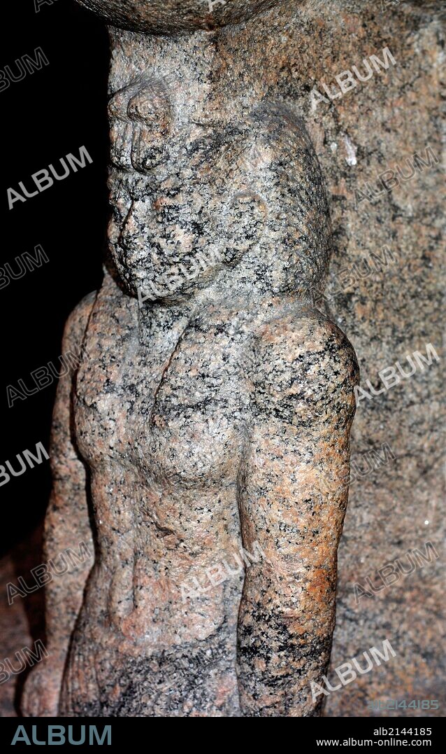 Detail from Granite Statue of Amun Ram protecting King Taharqa. 25th Dynasty (Approx. 690-664 BC) Egyptian, from Kawa in Nubia. Found by Professor Francis Llewellyn Griffith in 1930-1 in the Temple of Amun. (Photo by: Universal History Archive/UIG via Getty Images).
