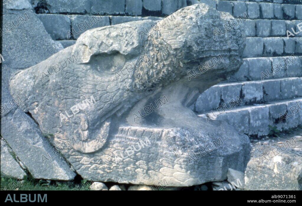 Feathered serpent relief at El Castillo (the castle"), also known as the Temple of Kukulcan, Mesoamerican step-pyramid, Chichen Itza archaeological site in the Mexican state of Yucatan. Built by the pre-Columbian Maya civilization sometime between the 9th and 12th centuries CE, El Castillo served as a temple to the god Kukulcan, the Yucatec Maya Feathered Serpent deity.