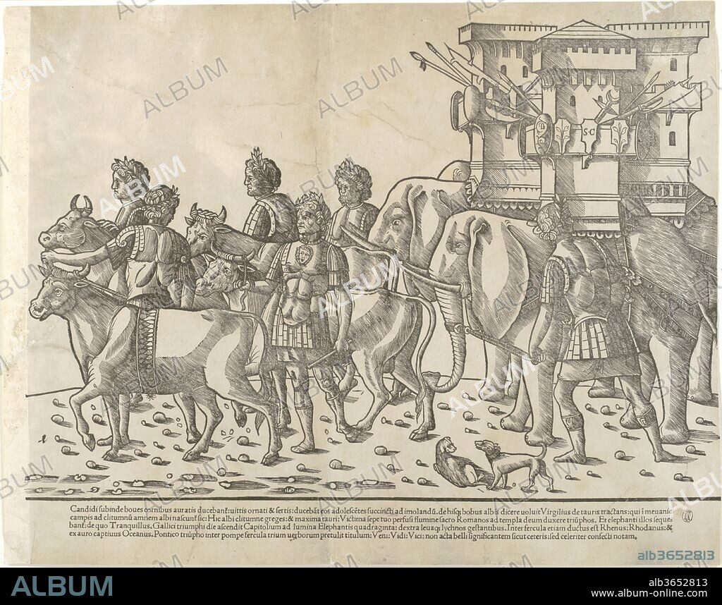 Oxen and elephants, from 'The Triumph of Caesar'. Artist: Jacob of Strasbourg (Italian School, born Alsace, active Venice, 1494-1530); After Benedetto Bordone (Italian, Padua ca. 1455/60-1530 Padua, active mainly Venice from 1488). Dimensions: Height: 13 in. (33 cm)
Width: 15 15/16 in. (40.5 cm). Date: 1504.