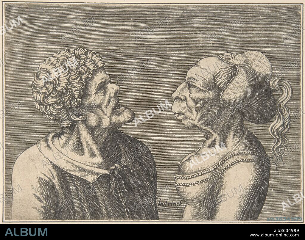 Two Grotesque Heads. Artist: After Leonardo da Vinci (Italian, Vinci 1452-1519 Amboise); Hans Liefrinck (Augsburg (?) 1518?-1573 Antwerp). Dimensions: sheet: 4 1/2 x 6 3/16 in. (11.5 x 15.7 cm). Date: 1538-73.