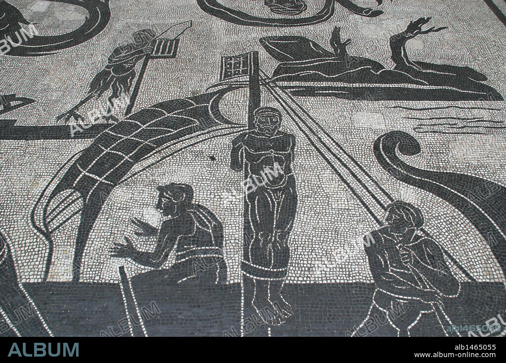 ARTE ROMANO. ITALIA. Mosaico de "ULISES Y LAS SIRENAS". Representación de un capítulo de la Odisea donde se representa al héore Ulises atado al mástil de la embarcación para poder oir el canto de las sirenas que hacían enloqueder a los marineros. Museos Vaticanos. Ciudad del Vaticano.