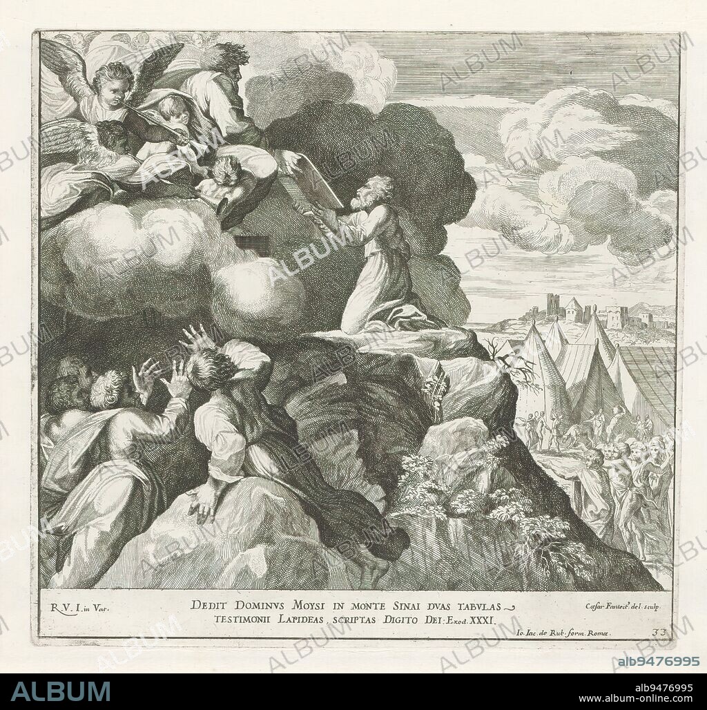 Moses receives the tablets of the law, Raphael Bible (series title), Paintings in the Loggia of Raphael (series title), Imagines Veteris ac Novi Testamenti (series title), Moses kneels on Mount Sinai and receives the tablets of the law from God. Israelites stand at the foot of the mountain. Bible verse below the image. Print is part of an album., print maker: Cesare Fantetti, (mentioned on object), after drawing by: Cesare Fantetti, (mentioned on object), after painting by: Rafaël, (mentioned on object), print maker: Italy, after drawing by: Italy, after painting by: Vaticaanstad, publisher: Rome, Vaticaanstad, 1675, paper, etching, height 248 mm × width 260 mm.