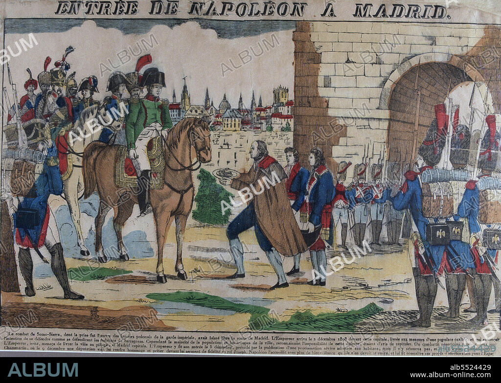 NAPOLEON I. EMPERADOR DE FRANCES . 1769 - 1821. " ENTRADA DE NAPOLEON EN MADRID "1808. GRABADO COLOREADO. MUSEO MUNICIPAL . MADRID. MADRID PINTADO.