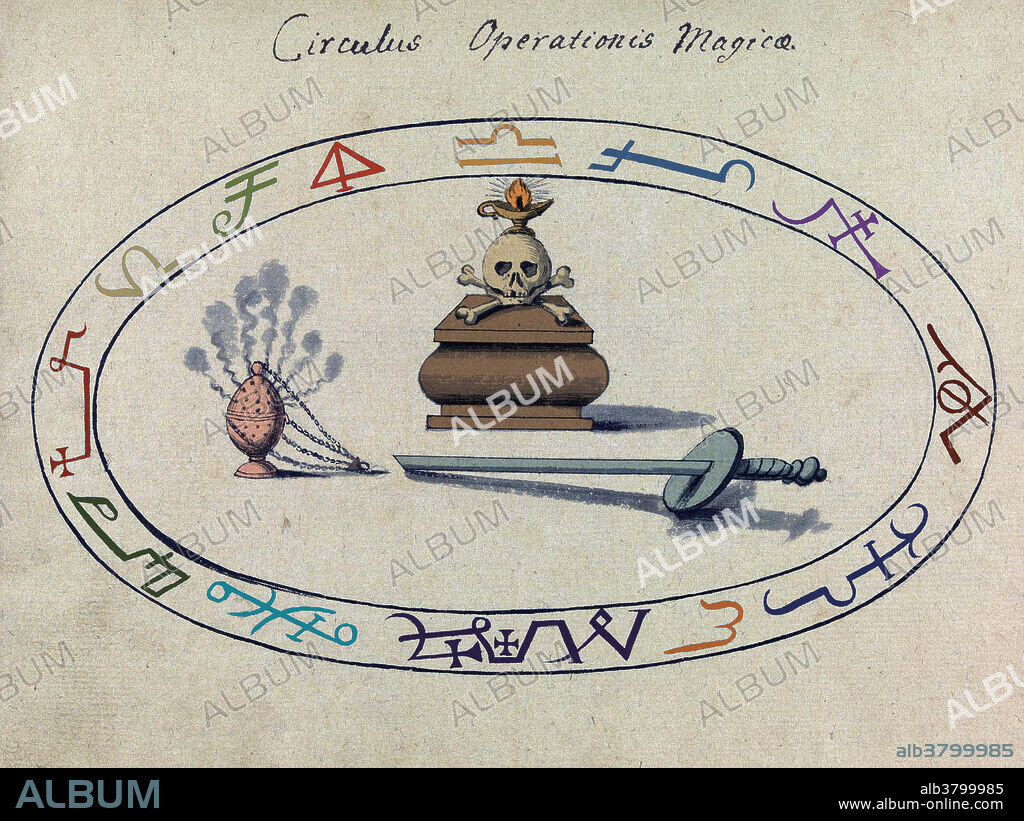 A magic circle is circle or sphere of space marked out by practitioners of many branches of ritual magic, which they generally believe will contain energy and form a sacred space, or will provide them a form of magical protection, or both. 18th century demonology book showing various demon figures, as well as magic and cabbalistic signs. The full Latin title of Compendium rarissimum totius Artis Magicae sistematisatae per celeberrimos Artis hujus Magistros, roughly translates to A rare summary of the entire Magical Art by the most famous Masters of this Art . The bulk of the illustrations depict a varied bestiary of grotesque demonic creatures up to all sorts of appropriately demonic activities, such as chewing down on severed legs, spitting fire and snakes from genitalia, and parading around decapitated heads on sticks. In addition there are illustrations relating to necromancy, the act of communicating with the dead in order to gain information.