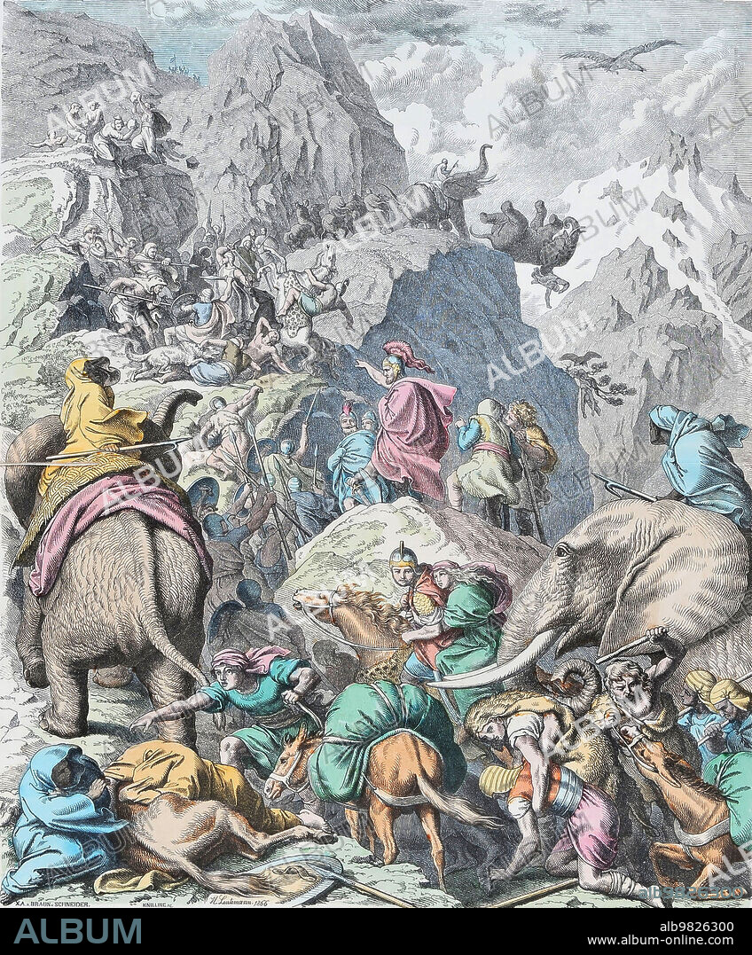Tunisia / Italy: Hannibal's army crossing the Alps during the Second Punic War (218-201 BCE). Woodcut print by Heinrich Leutemann (1824-1905), 1866. The Second Punic War (218 BCE - 201 BCE) is most remembered for the Carthaginian Hannibal's crossing of the Alps. He and his army invaded Italy from the north and resoundingly defeated the Roman army in several battles, but never achieved the ultimate goal of causing a political break between Rome and its allies. While fighting Hannibal in Italy, Hispania and Sicily, Rome also simultaneously fought against Macedon in the First Macedonian War.